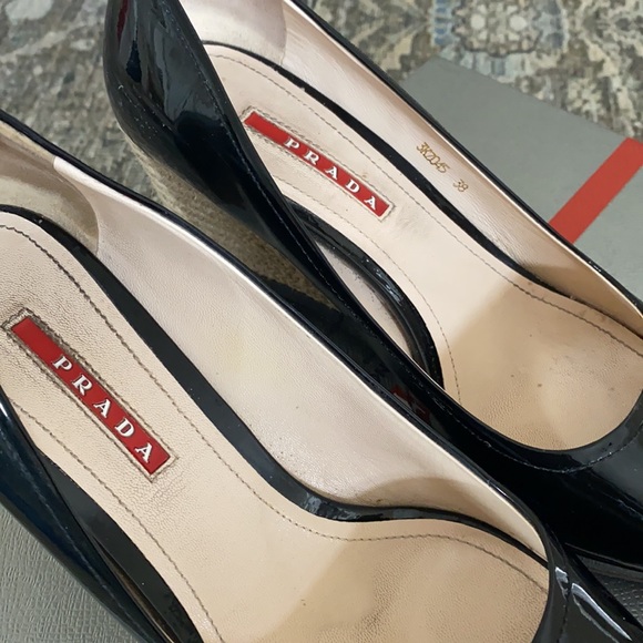 Prada Black Patent Leather Peep Toe Wedge Sandal - Picture 4 of 6